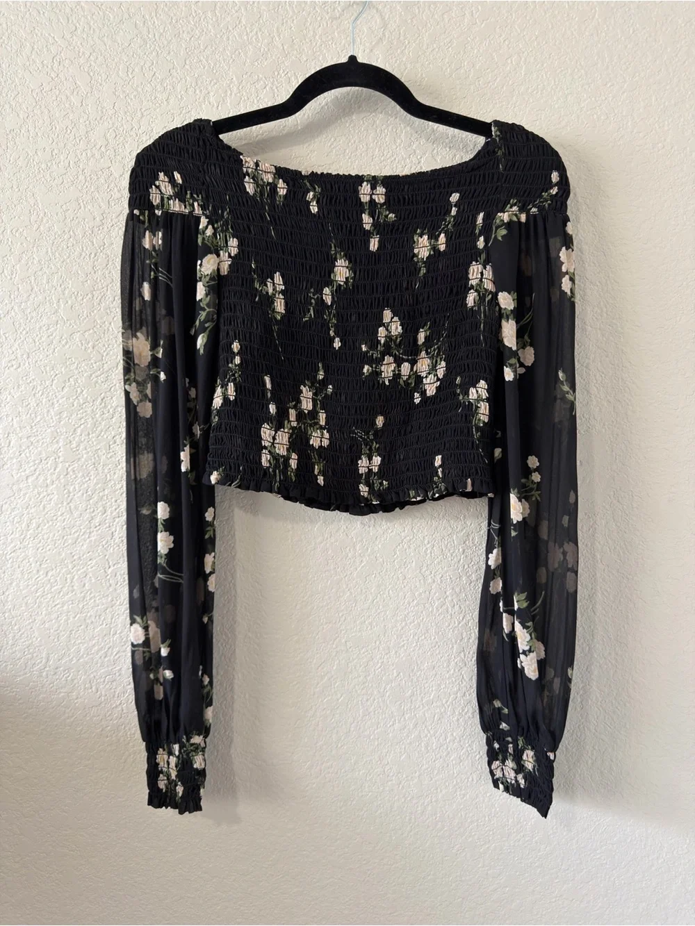 reformation sandy smocked floral long sleeve blouse